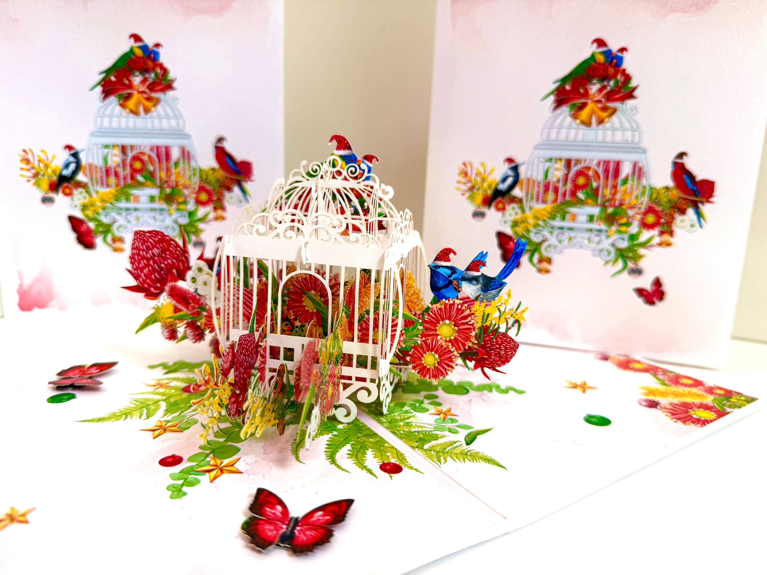 Christmas Australian Native Bird Cage & Flowers Origami Pop Cards 3D Pop Up Greeting Card Merry Christmas Thank You Handmade Best Wishes Blank Card Gift Happy Holidays Celebrate the Special Day