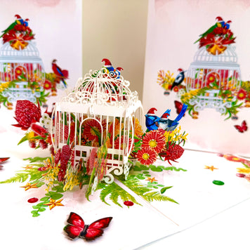 Christmas Australian Native Bird Cage & Flowers Origami Pop Cards 3D Pop Up Greeting Card Merry Christmas Thank You Handmade Best Wishes Blank Card Gift Happy Holidays Celebrate the Special Day