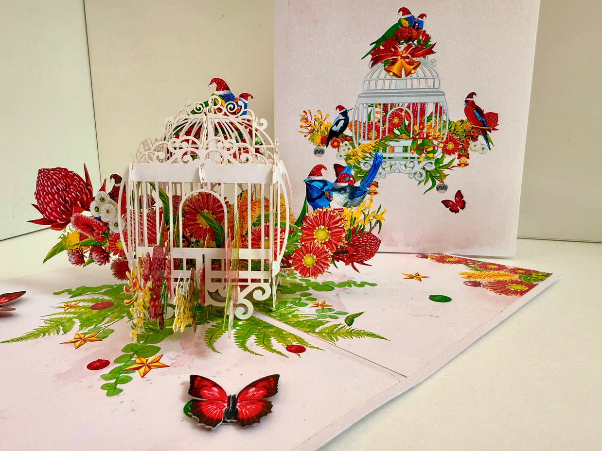 Christmas Australian Native Bird Cage & Flowers Origami Pop Cards 3D Pop Up Greeting Card Merry Christmas Thank You Handmade Best Wishes Blank Card Gift Happy Holidays Celebrate the Special Day