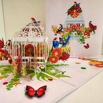 Christmas Australian Native Bird Cage & Flowers Origami Pop Cards 3D Pop Up Greeting Card Merry Christmas Thank You Handmade Best Wishes Blank Card Gift Happy Holidays Celebrate the Special Day
