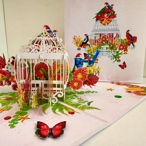 Christmas Australian Native Bird Cage & Flowers Origami Pop Cards 3D Pop Up Greeting Card Merry Christmas Thank You Handmade Best Wishes Blank Card Gift Happy Holidays Celebrate the Special Day