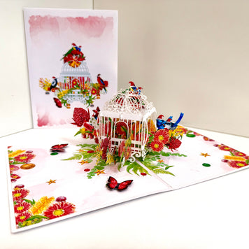 Christmas Australian Native Bird Cage & Flowers Origami Pop Cards 3D Pop Up Greeting Card Merry Christmas Thank You Handmade Best Wishes Blank Card Gift Happy Holidays Celebrate the Special Day