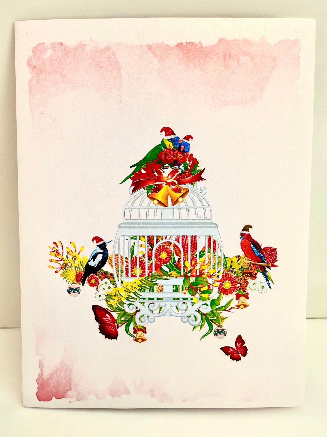Christmas Australian Native Bird Cage & Flowers Origami Pop Cards 3D Pop Up Greeting Card Merry Christmas Thank You Handmade Best Wishes Blank Card Gift Happy Holidays Celebrate the Special Day