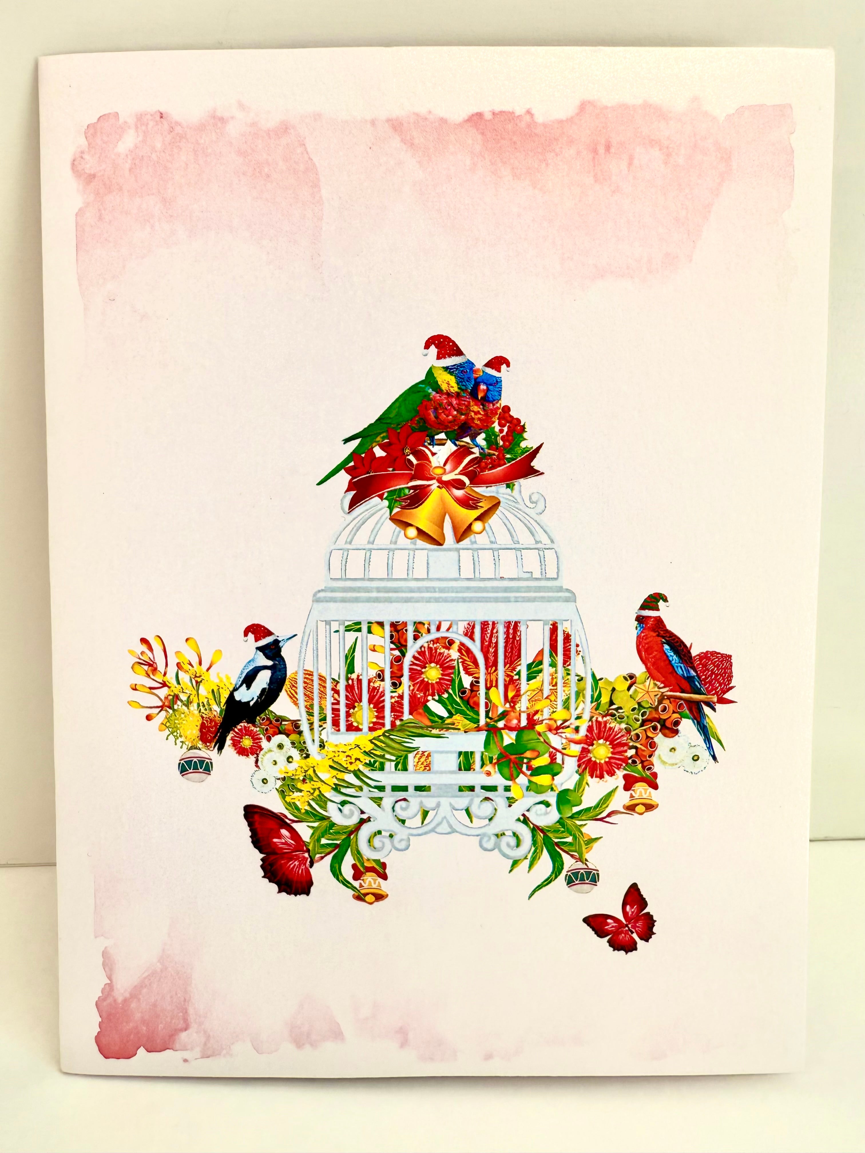 Christmas Australian Native Bird Cage & Flowers Origami Pop Cards 3D Pop Up Greeting Card Merry Christmas Thank You Handmade Best Wishes Blank Card Gift Happy Holidays Celebrate the Special Day
