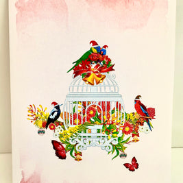 Christmas Australian Native Bird Cage & Flowers Origami Pop Cards 3D Pop Up Greeting Card Merry Christmas Thank You Handmade Best Wishes Blank Card Gift Happy Holidays Celebrate the Special Day