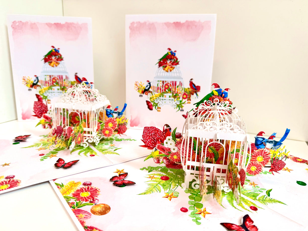 Christmas Australian Native Bird Cage & Flowers Origami Pop Cards 3D Pop Up Greeting Card Merry Christmas Thank You Handmade Best Wishes Blank Card Gift Happy Holidays Celebrate the Special Day