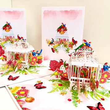 Christmas Australian Native Bird Cage & Flowers Origami Pop Cards 3D Pop Up Greeting Card Merry Christmas Thank You Handmade Best Wishes Blank Card Gift Happy Holidays Celebrate the Special Day