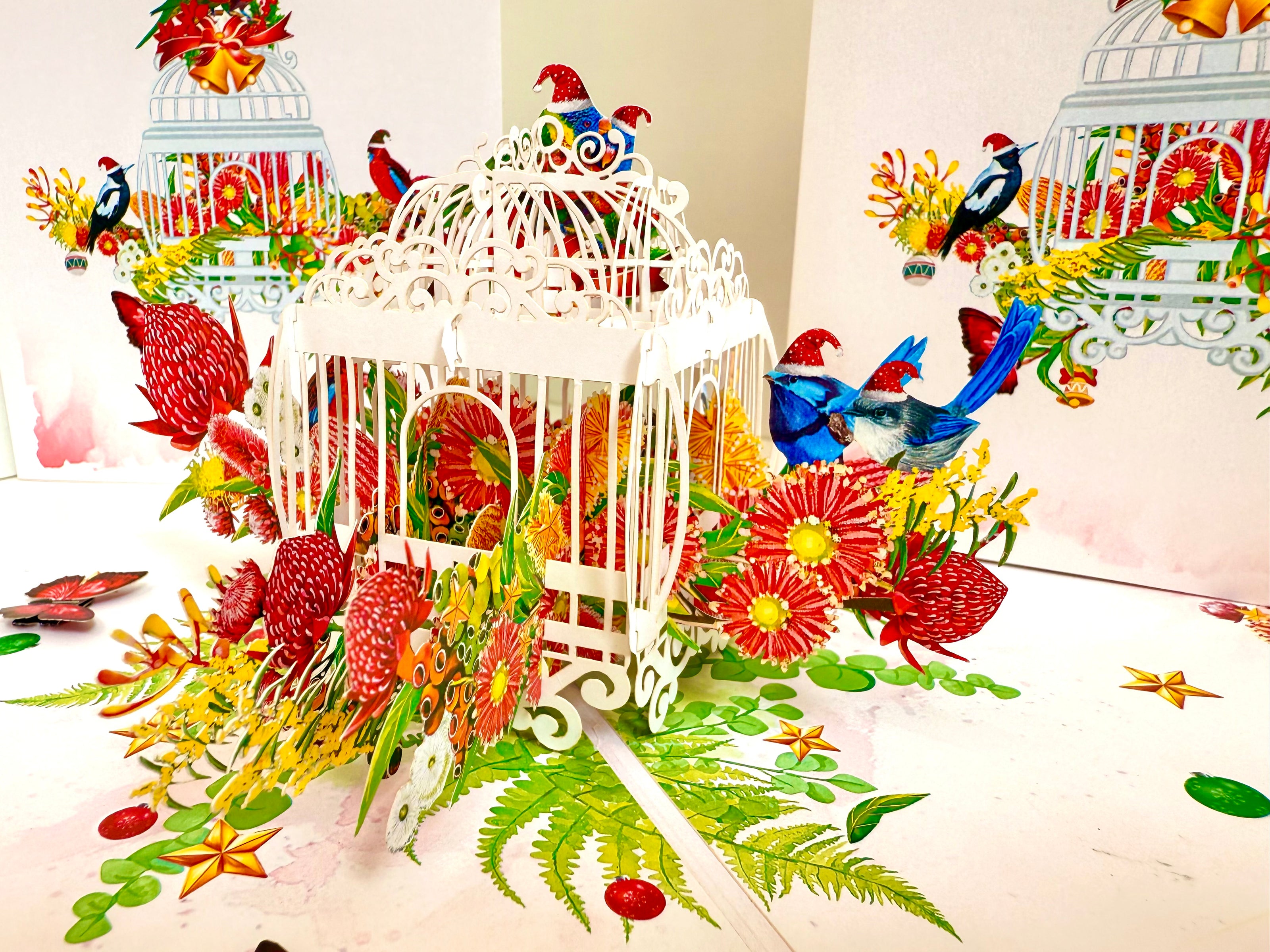 Christmas Australian Native Bird Cage & Flowers Origami Pop Cards 3D Pop Up Greeting Card Merry Christmas Thank You Handmade Best Wishes Blank Card Gift Happy Holidays Celebrate the Special Day