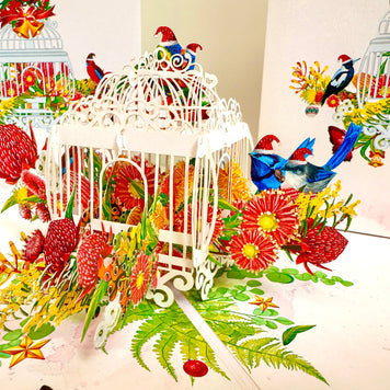 Christmas Australian Native Bird Cage & Flowers Origami Pop Cards 3D Pop Up Greeting Card Merry Christmas Thank You Handmade Best Wishes Blank Card Gift Happy Holidays Celebrate the Special Day