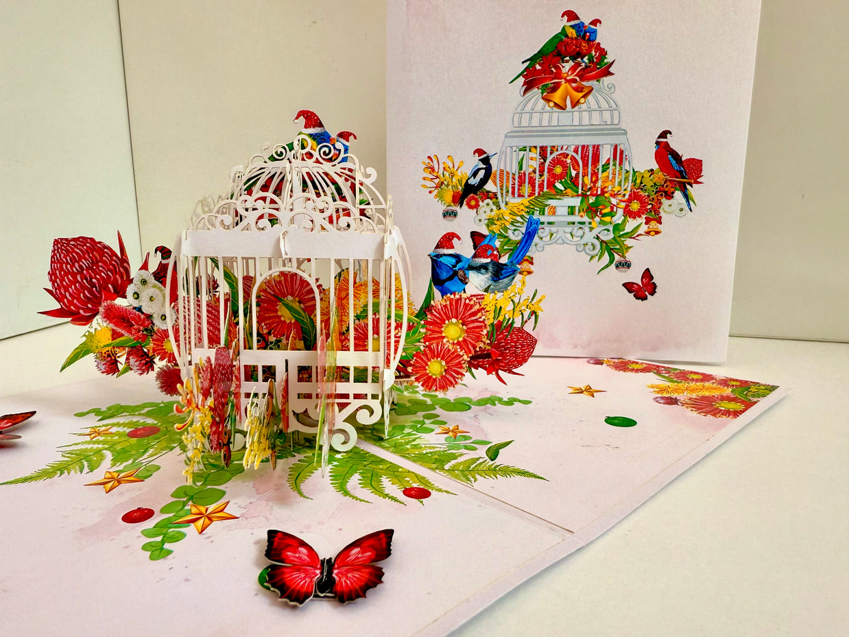 Christmas Australian Native Bird Cage & Flowers Origami Pop Cards 3D Pop Up Greeting Card Merry Christmas Thank You Handmade Best Wishes Blank Card Gift Happy Holidays Celebrate the Special Day
