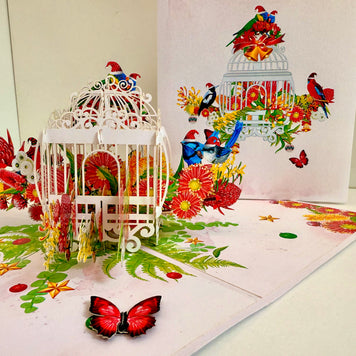 Christmas Australian Native Bird Cage & Flowers Origami Pop Cards 3D Pop Up Greeting Card Merry Christmas Thank You Handmade Best Wishes Blank Card Gift Happy Holidays Celebrate the Special Day