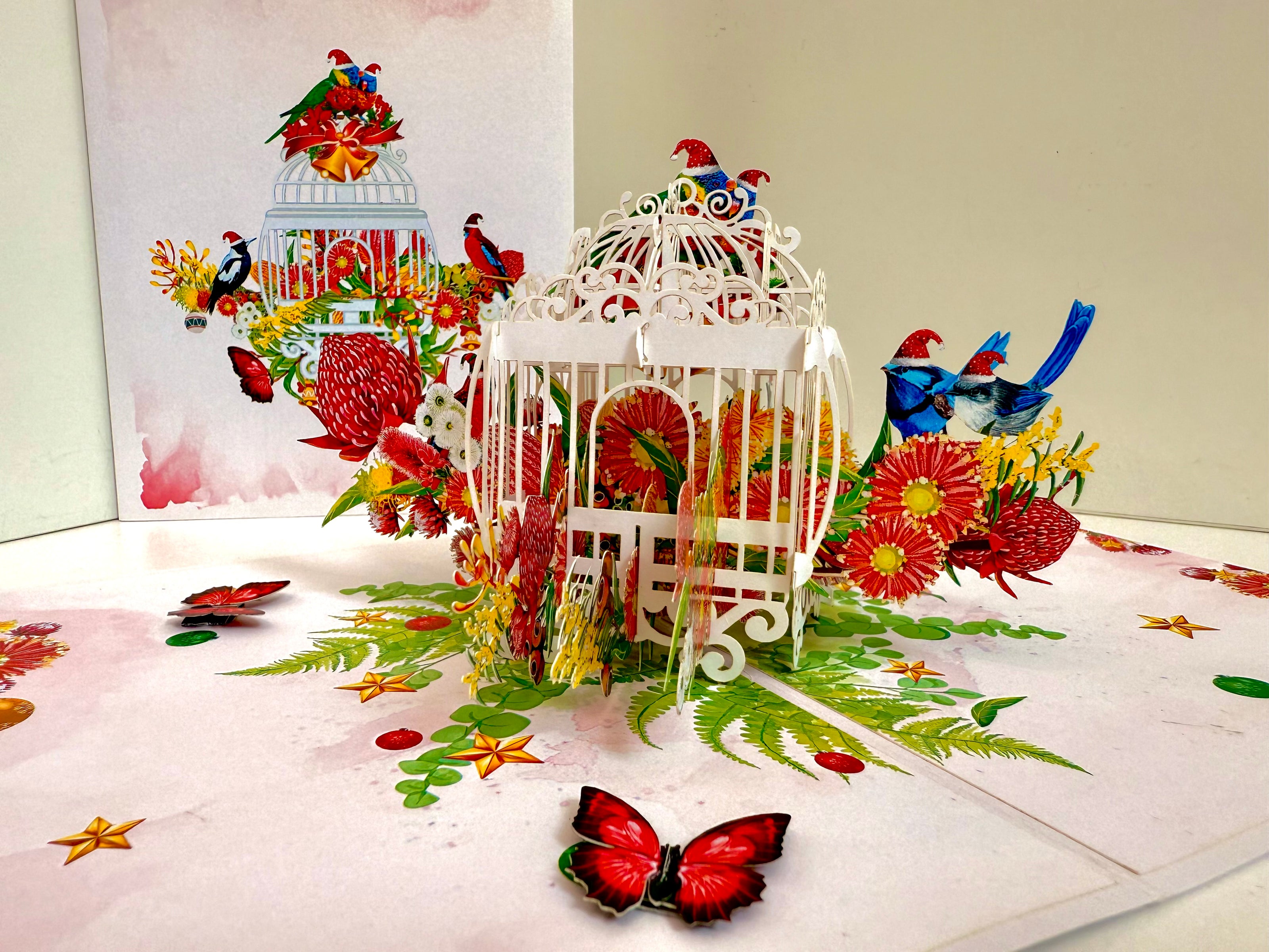 Christmas Australian Native Bird Cage & Flowers Origami Pop Cards 3D Pop Up Greeting Card Merry Christmas Thank You Handmade Best Wishes Blank Card Gift Happy Holidays Celebrate the Special Day