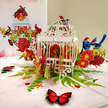 Christmas Australian Native Bird Cage & Flowers Origami Pop Cards 3D Pop Up Greeting Card Merry Christmas Thank You Handmade Best Wishes Blank Card Gift Happy Holidays Celebrate the Special Day