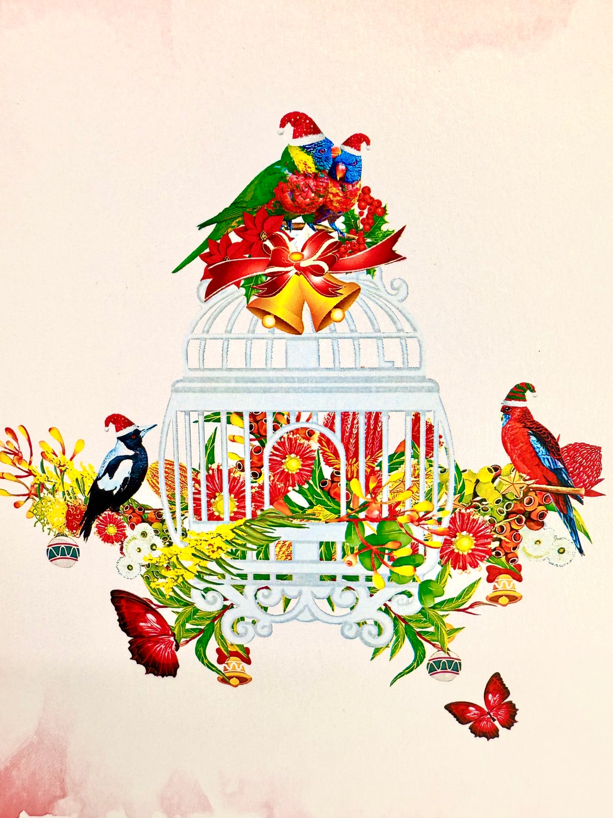 Christmas Australian Native Bird Cage & Flowers Origami Pop Cards 3D Pop Up Greeting Card Merry Christmas Thank You Handmade Best Wishes Blank Card Gift Happy Holidays Celebrate the Special Day