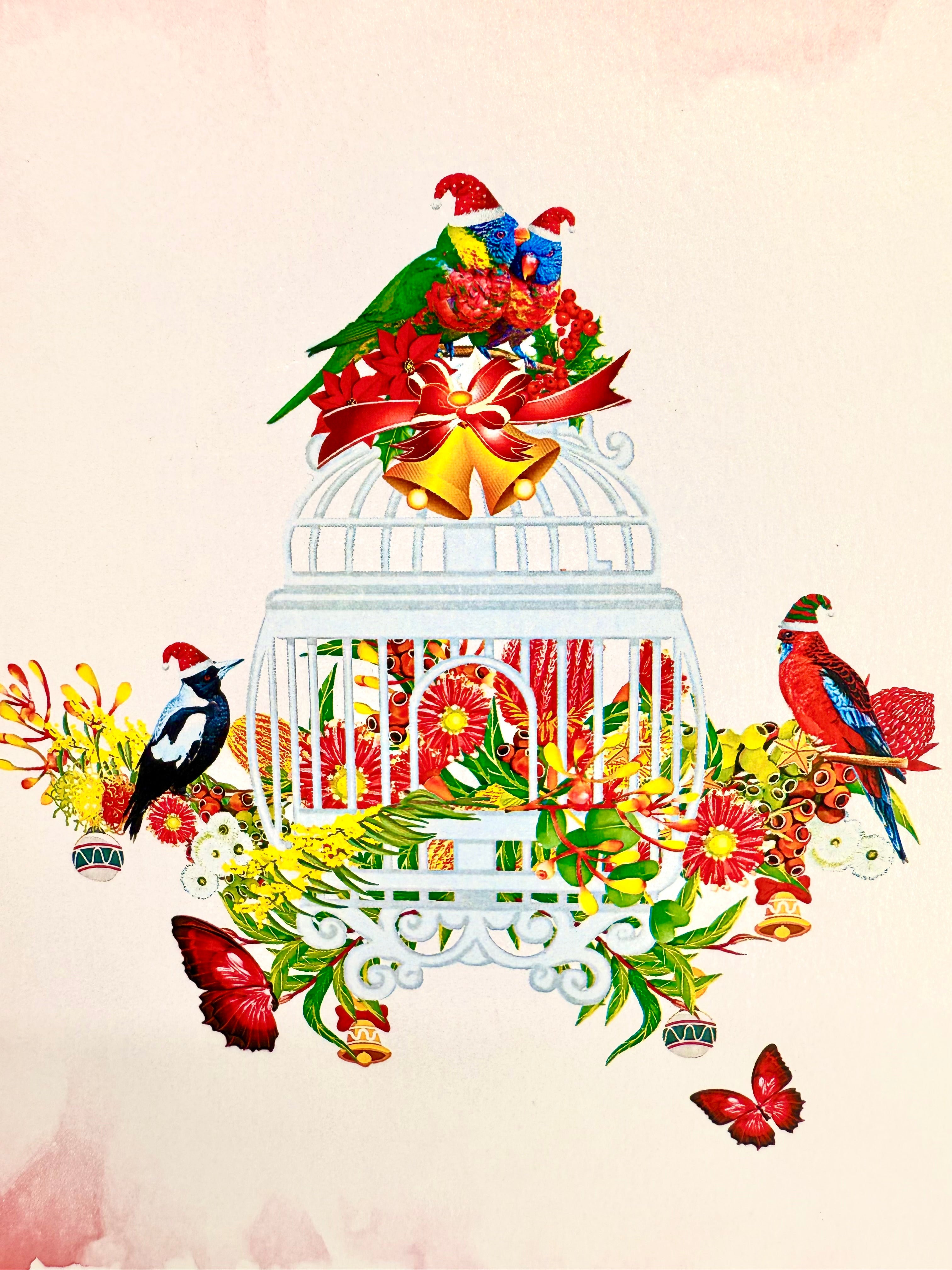 Christmas Australian Native Bird Cage & Flowers Origami Pop Cards 3D Pop Up Greeting Card Merry Christmas Thank You Handmade Best Wishes Blank Card Gift Happy Holidays Celebrate the Special Day