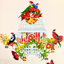 Christmas Australian Native Bird Cage & Flowers Origami Pop Cards 3D Pop Up Greeting Card Merry Christmas Thank You Handmade Best Wishes Blank Card Gift Happy Holidays Celebrate the Special Day