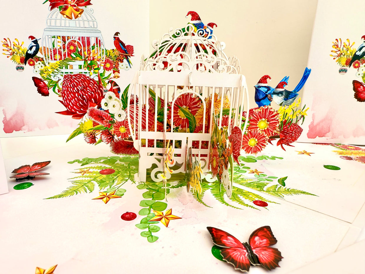 Christmas Australian Native Bird Cage & Flowers Origami Pop Cards 3D Pop Up Greeting Card Merry Christmas Thank You Handmade Best Wishes Blank Card Gift Happy Holidays Celebrate the Special Day