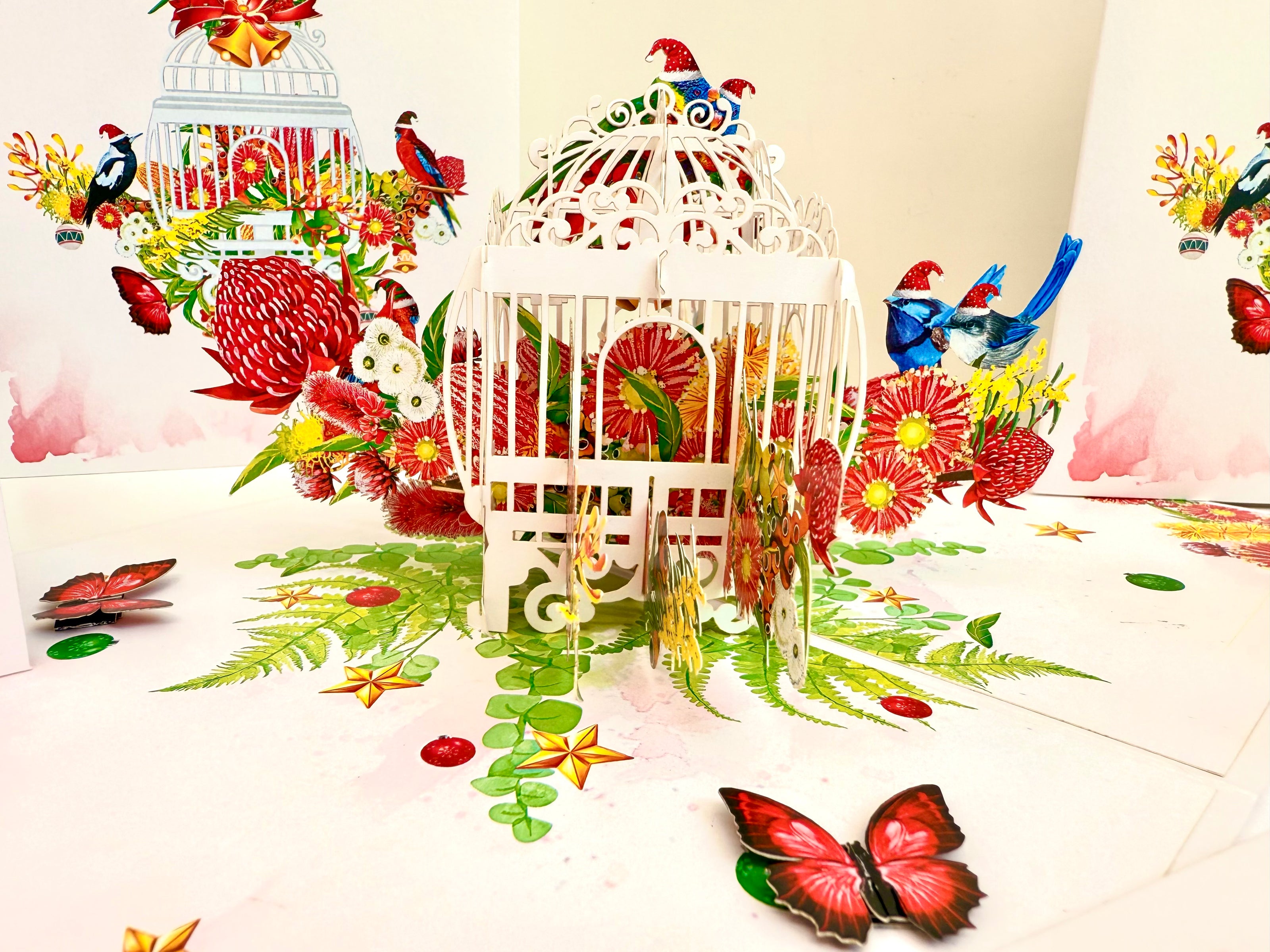 Christmas Australian Native Bird Cage & Flowers Origami Pop Cards 3D Pop Up Greeting Card Merry Christmas Thank You Handmade Best Wishes Blank Card Gift Happy Holidays Celebrate the Special Day
