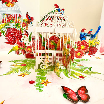 Christmas Australian Native Bird Cage & Flowers Origami Pop Cards 3D Pop Up Greeting Card Merry Christmas Thank You Handmade Best Wishes Blank Card Gift Happy Holidays Celebrate the Special Day