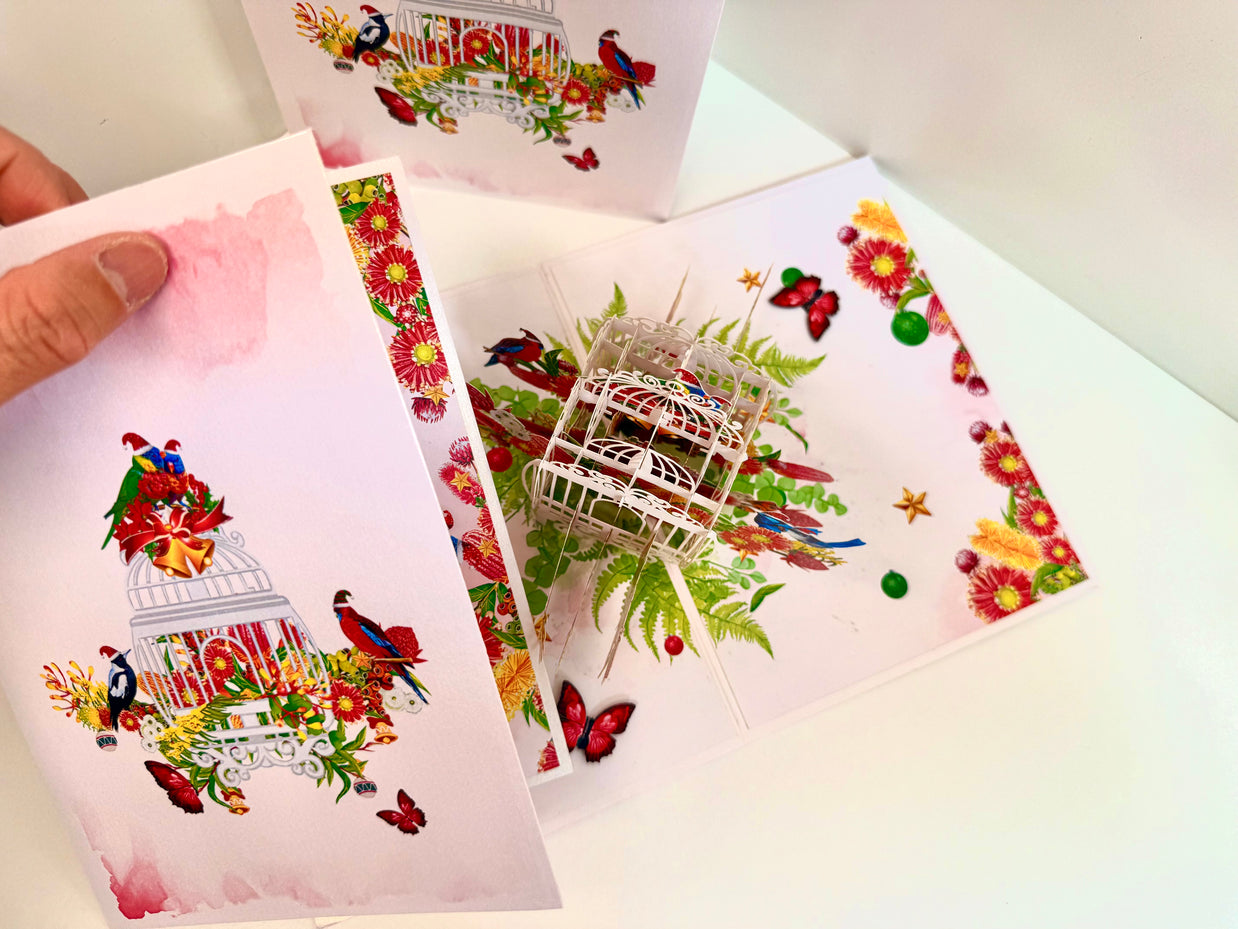 Christmas Australian Native Bird Cage & Flowers Origami Pop Cards 3D Pop Up Greeting Card Merry Christmas Thank You Handmade Best Wishes Blank Card Gift Happy Holidays Celebrate the Special Day
