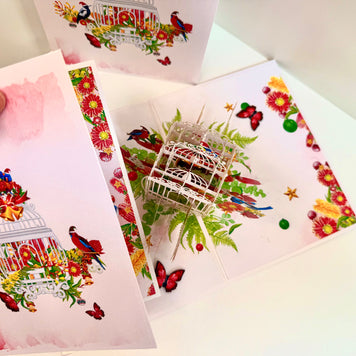 Christmas Australian Native Bird Cage & Flowers Origami Pop Cards 3D Pop Up Greeting Card Merry Christmas Thank You Handmade Best Wishes Blank Card Gift Happy Holidays Celebrate the Special Day