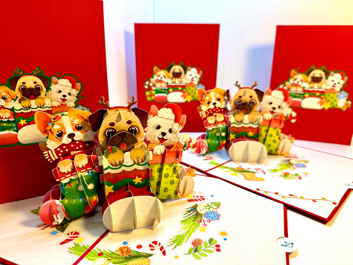 Christmas Dog Stockings 3D Origami Pop Cards 3D Pop Up Greeting Card Merry Christmas Thank You Handmade Best Wishes Blank Card Gift Happy Holidays Celebrate the Special Day with Belove Family