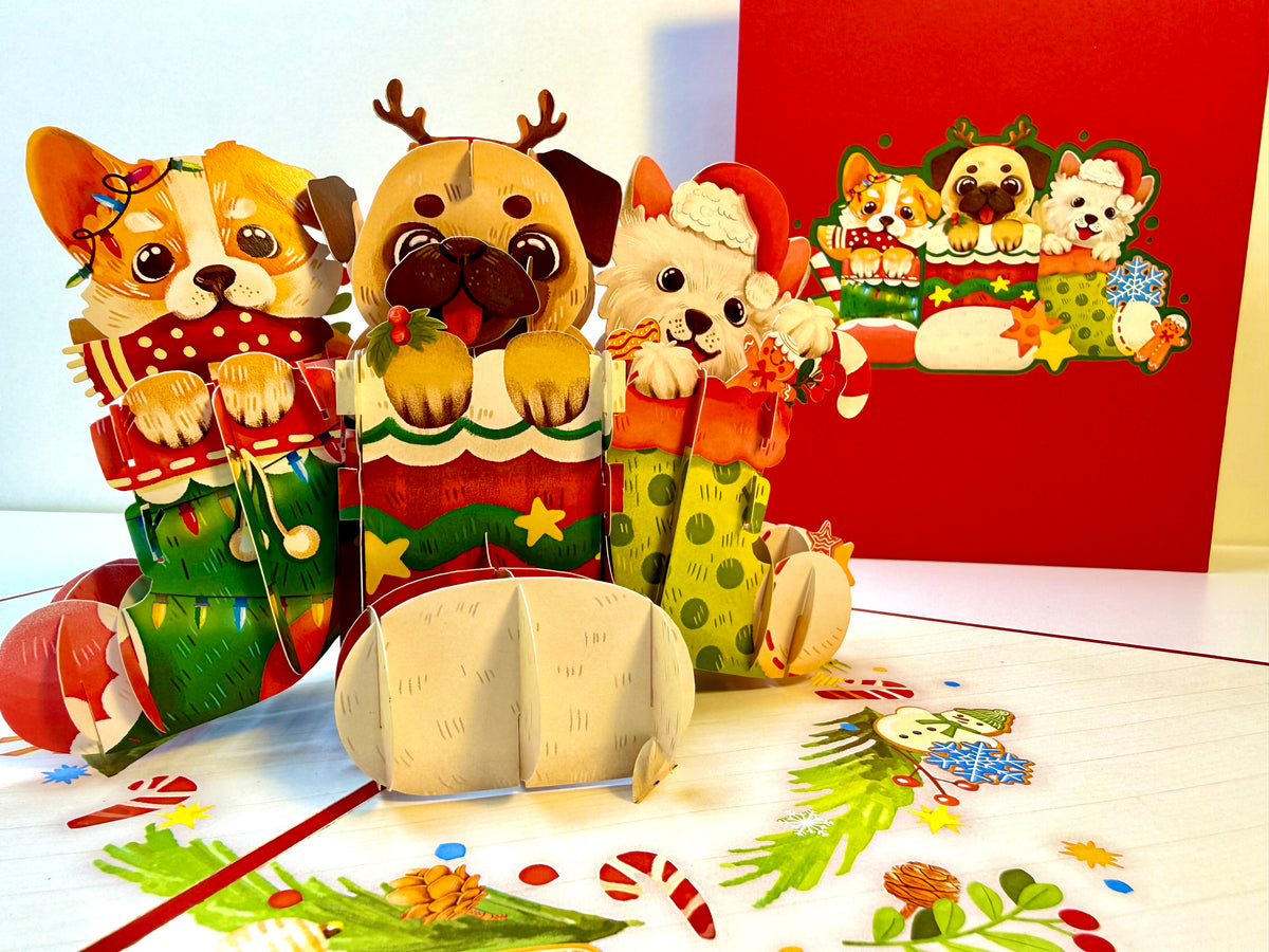 Christmas Dog Stockings 3D Origami Pop Cards 3D Pop Up Greeting Card Merry Christmas Thank You Handmade Best Wishes Blank Card Gift Happy Holidays Celebrate the Special Day with Belove Family