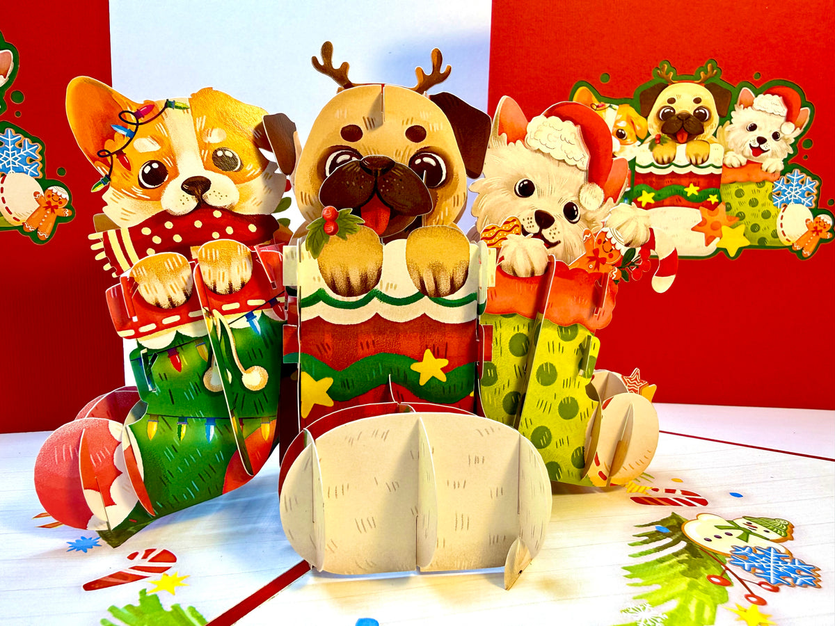 Christmas Dog Stockings 3D Origami Pop Cards 3D Pop Up Greeting Card Merry Christmas Thank You Handmade Best Wishes Blank Card Gift Happy Holidays Celebrate the Special Day with Belove Family