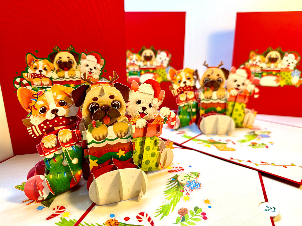Christmas Dog Stockings 3D Origami Pop Cards 3D Pop Up Greeting Card Merry Christmas Thank You Handmade Best Wishes Blank Card Gift Happy Holidays Celebrate the Special Day with Belove Family