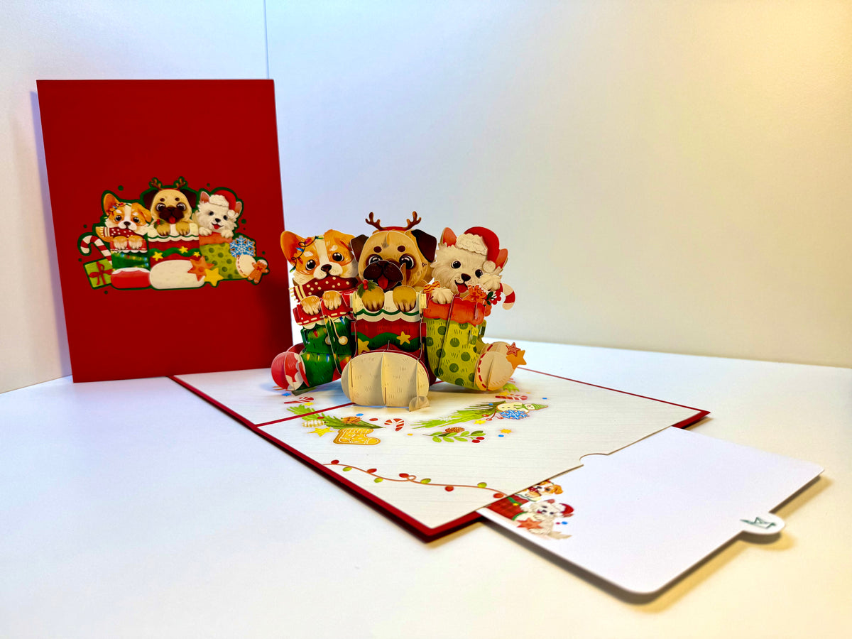 Christmas Dog Stockings 3D Origami Pop Cards 3D Pop Up Greeting Card Merry Christmas Thank You Handmade Best Wishes Blank Card Gift Happy Holidays Celebrate the Special Day with Belove Family