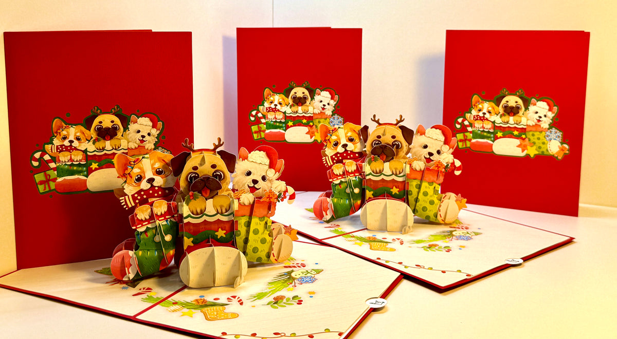 Christmas Dog Stockings 3D Origami Pop Cards 3D Pop Up Greeting Card Merry Christmas Thank You Handmade Best Wishes Blank Card Gift Happy Holidays Celebrate the Special Day with Belove Family