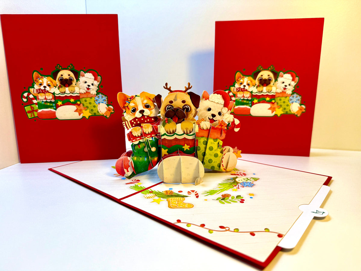 Christmas Dog Stockings 3D Origami Pop Cards 3D Pop Up Greeting Card Merry Christmas Thank You Handmade Best Wishes Blank Card Gift Happy Holidays Celebrate the Special Day with Belove Family