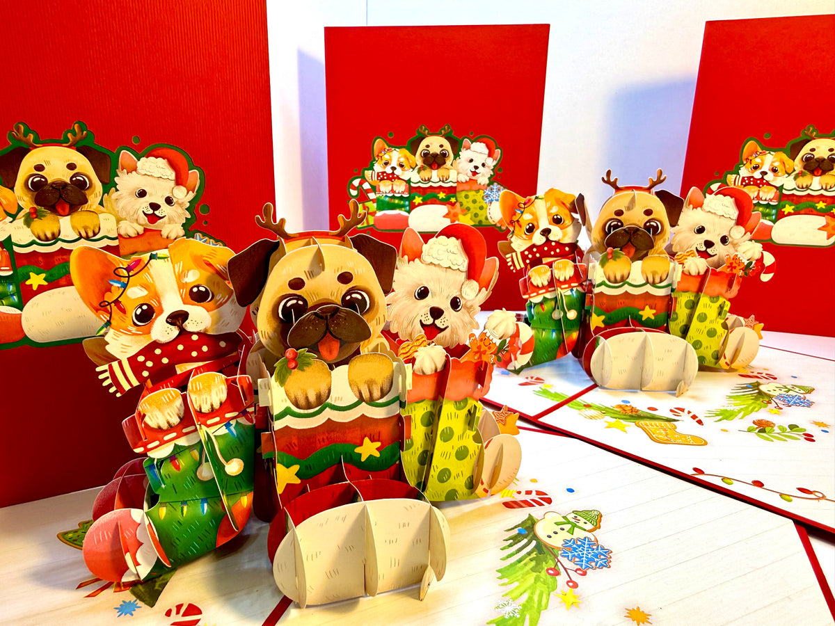 Christmas Dog Stockings 3D Origami Pop Cards 3D Pop Up Greeting Card Merry Christmas Thank You Handmade Best Wishes Blank Card Gift Happy Holidays Celebrate the Special Day with Belove Family