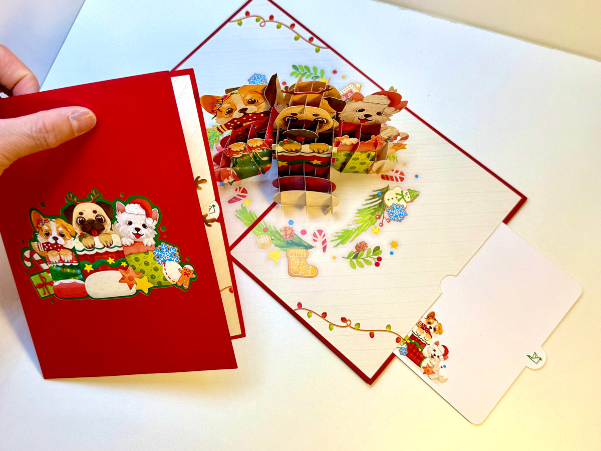 Christmas Dog Stockings 3D Origami Pop Cards 3D Pop Up Greeting Card Merry Christmas Thank You Handmade Best Wishes Blank Card Gift Happy Holidays Celebrate the Special Day with Belove Family