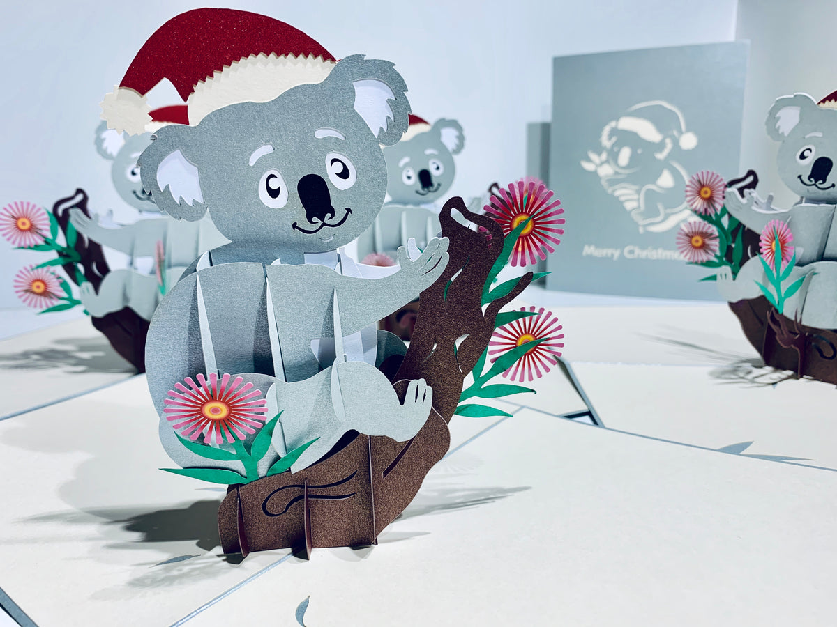 Aussie Christmas Santa Koala Christmas Unique Wild Animals of Australia Origami Pop Cards 3D Pop Up Greeting Card Christmas Thank You Handmade Best Wishes Happy Holidays Celebrate the Special Day Moment with Family and Friends