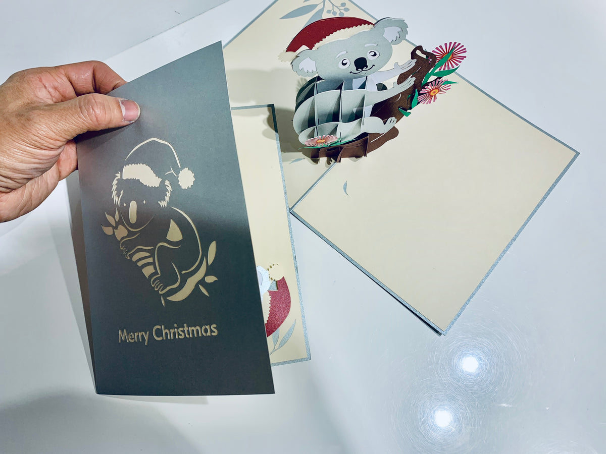 Aussie Christmas Santa Koala Christmas Unique Wild Animals of Australia Origami Pop Cards 3D Pop Up Greeting Card Christmas Thank You Handmade Best Wishes Happy Holidays Celebrate the Special Day Moment with Family and Friends