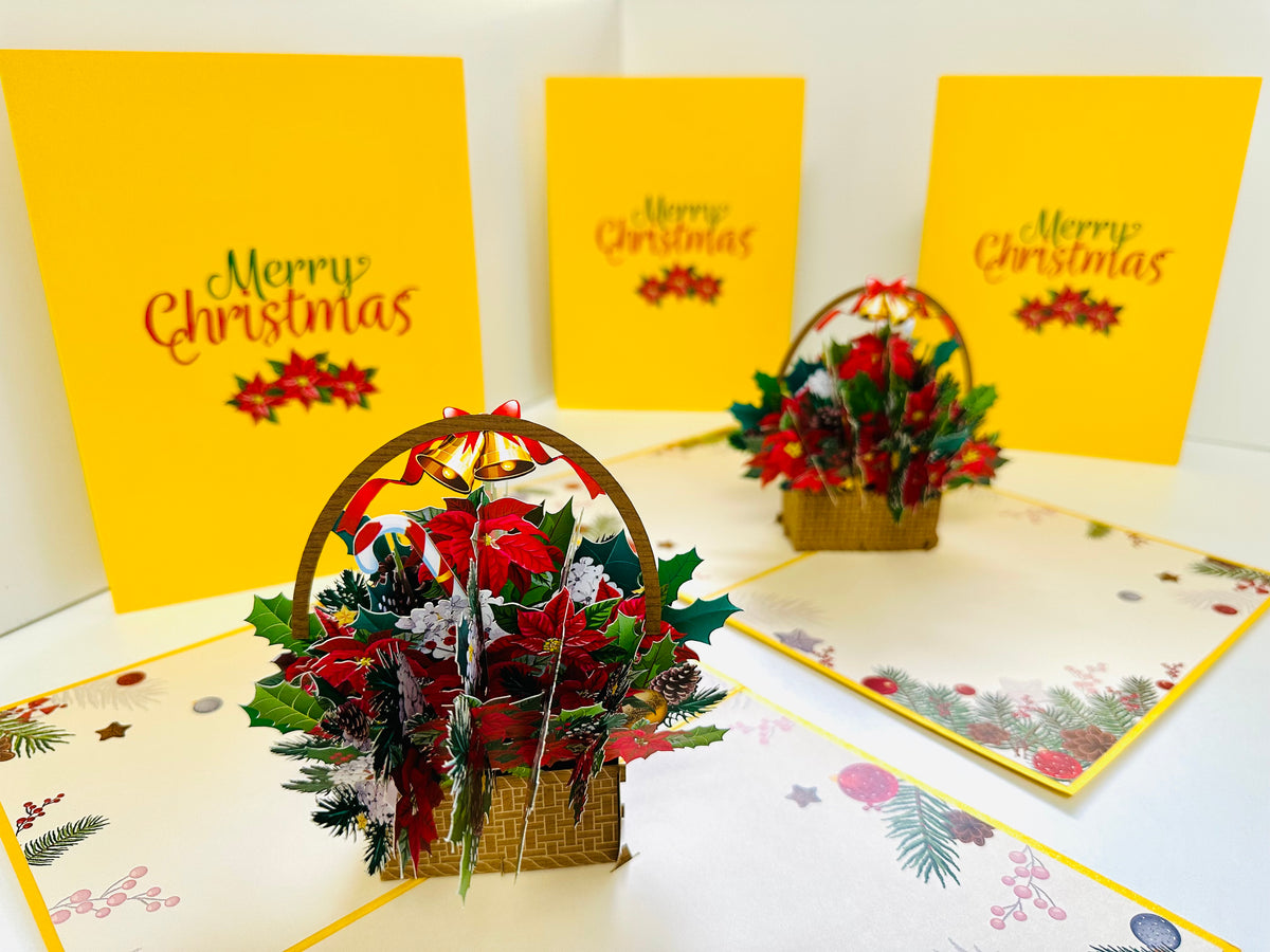 Christmas Poinsettia Flower Basket Origami Pop Cards 3D Pop Up Greeting Card Merry Christmas Thank You Handmade Best Wishes Blank Card Gift Happy Holidays Celebrate the Special Day Moment with Family and Friends