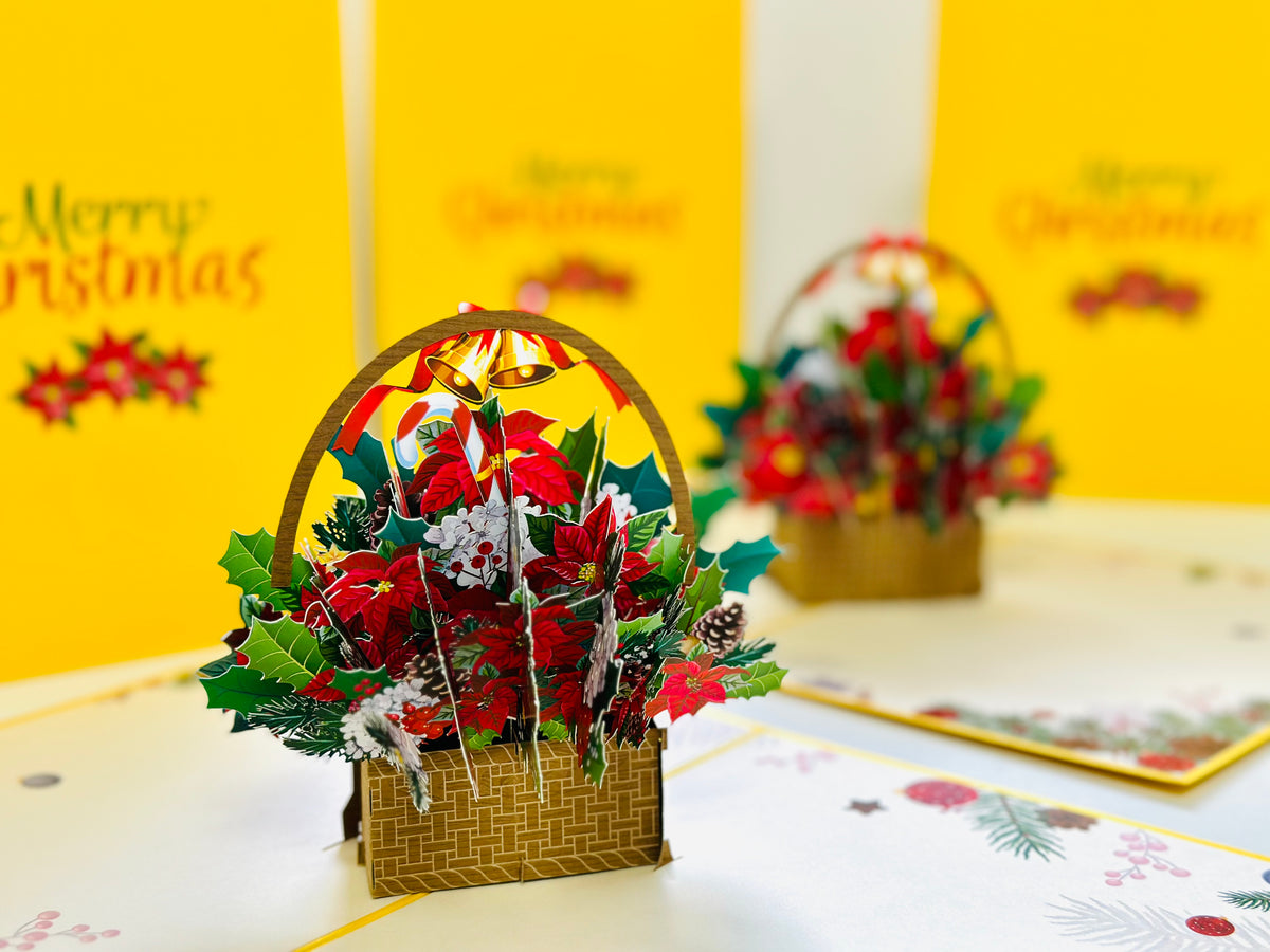 Christmas Poinsettia Flower Basket Origami Pop Cards 3D Pop Up Greeting Card Merry Christmas Thank You Handmade Best Wishes Blank Card Gift Happy Holidays Celebrate the Special Day Moment with Family and Friends