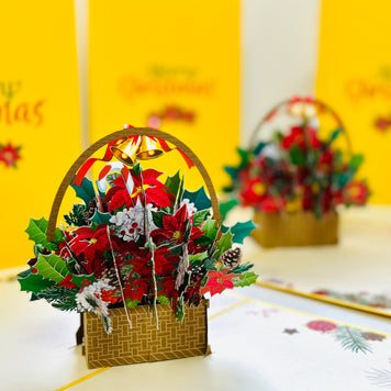 Christmas Poinsettia Flower Basket Origami Pop Cards 3D Pop Up Greeting Card Merry Christmas Thank You Handmade Best Wishes Blank Card Gift Happy Holidays Celebrate the Special Day Moment with Family and Friends