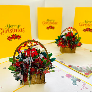 Christmas Poinsettia Flower Basket Origami Pop Cards 3D Pop Up Greeting Card Merry Christmas Thank You Handmade Best Wishes Blank Card Gift Happy Holidays Celebrate the Special Day Moment with Family and Friends