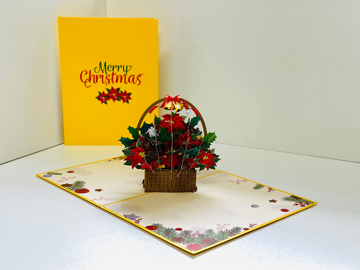 Christmas Poinsettia Flower Basket Origami Pop Cards 3D Pop Up Greeting Card Merry Christmas Thank You Handmade Best Wishes Blank Card Gift Happy Holidays Celebrate the Special Day Moment with Family and Friends