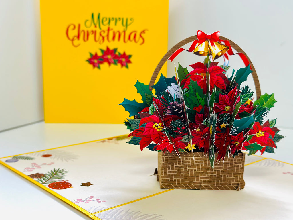 Christmas Poinsettia Flower Basket Origami Pop Cards 3D Pop Up Greeting Card Merry Christmas Thank You Handmade Best Wishes Blank Card Gift Happy Holidays Celebrate the Special Day Moment with Family and Friends