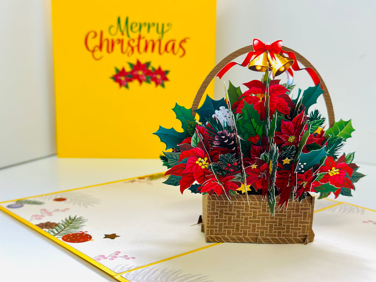 Christmas Poinsettia Flower Basket Origami Pop Cards 3D Pop Up Greeting Card Merry Christmas Thank You Handmade Best Wishes Blank Card Gift Happy Holidays Celebrate the Special Day Moment with Family and Friends