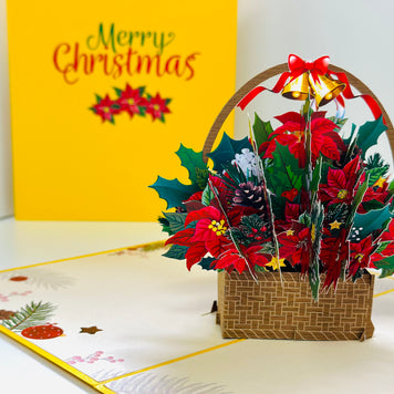 Christmas Poinsettia Flower Basket Origami Pop Cards 3D Pop Up Greeting Card Merry Christmas Thank You Handmade Best Wishes Blank Card Gift Happy Holidays Celebrate the Special Day Moment with Family and Friends