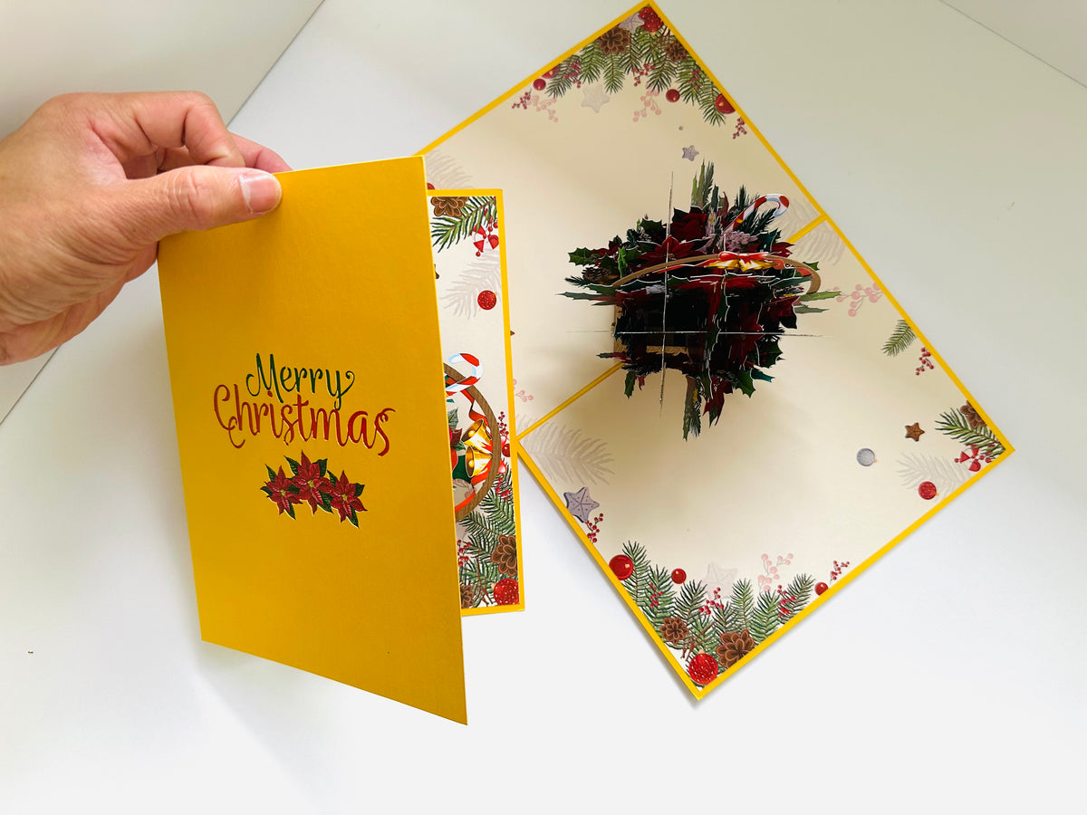 Christmas Poinsettia Flower Basket Origami Pop Cards 3D Pop Up Greeting Card Merry Christmas Thank You Handmade Best Wishes Blank Card Gift Happy Holidays Celebrate the Special Day Moment with Family and Friends