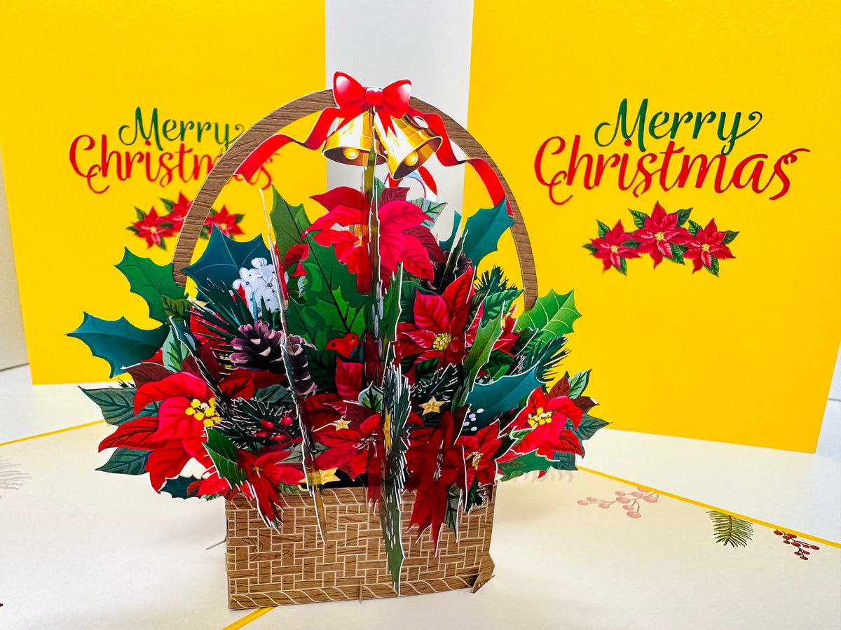 Christmas Poinsettia Flower Basket Origami Pop Cards 3D Pop Up Greeting Card Merry Christmas Thank You Handmade Best Wishes Blank Card Gift Happy Holidays Celebrate the Special Day Moment with Family and Friends