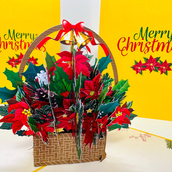 Christmas Poinsettia Flower Basket Origami Pop Cards 3D Pop Up Greeting Card Merry Christmas Thank You Handmade Best Wishes Blank Card Gift Happy Holidays Celebrate the Special Day Moment with Family and Friends