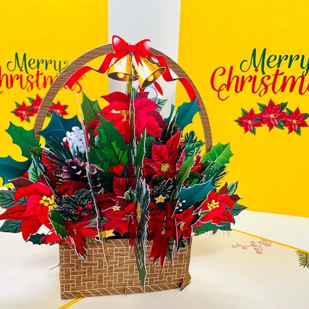 Christmas Poinsettia Flower Basket Origami Pop Cards 3D Pop Up Greeting Card Merry Christmas Thank You Handmade Best Wishes Blank Card Gift Happy Holidays Celebrate the Special Day Moment with Family and Friends