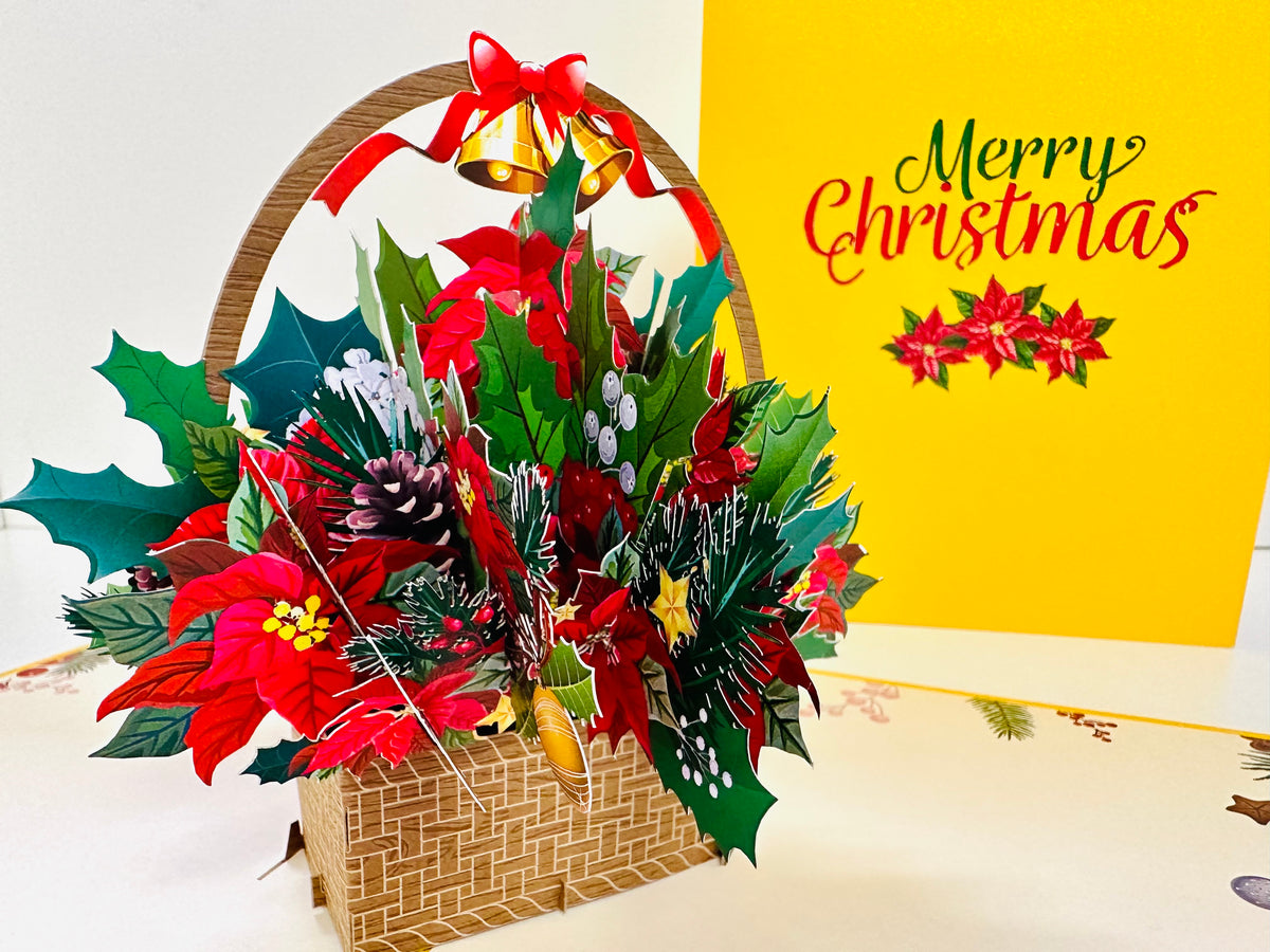 Christmas Poinsettia Flower Basket Origami Pop Cards 3D Pop Up Greeting Card Merry Christmas Thank You Handmade Best Wishes Blank Card Gift Happy Holidays Celebrate the Special Day Moment with Family and Friends