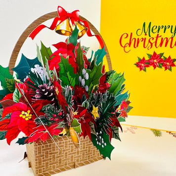 Christmas Poinsettia Flower Basket Origami Pop Cards 3D Pop Up Greeting Card Merry Christmas Thank You Handmade Best Wishes Blank Card Gift Happy Holidays Celebrate the Special Day Moment with Family and Friends